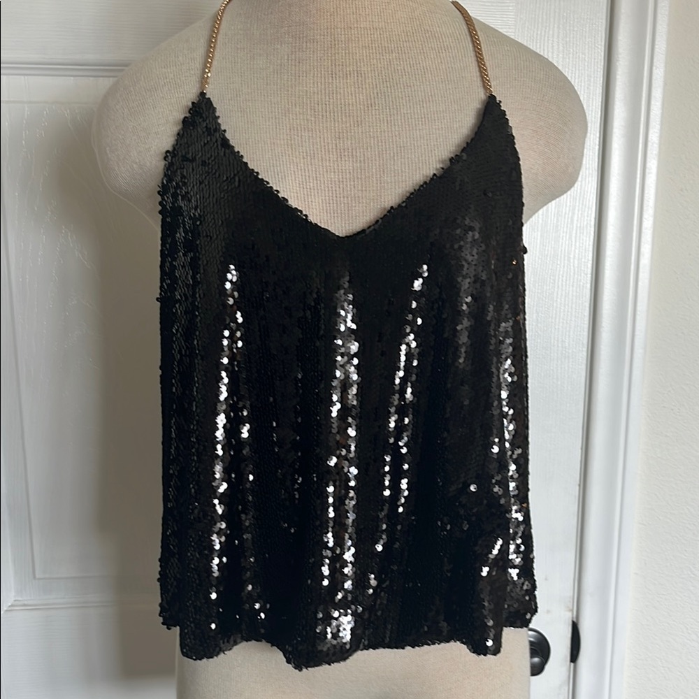 Black Sequin Women's Flutter camisole Top with novelty Gold Jewelry Chain Straps